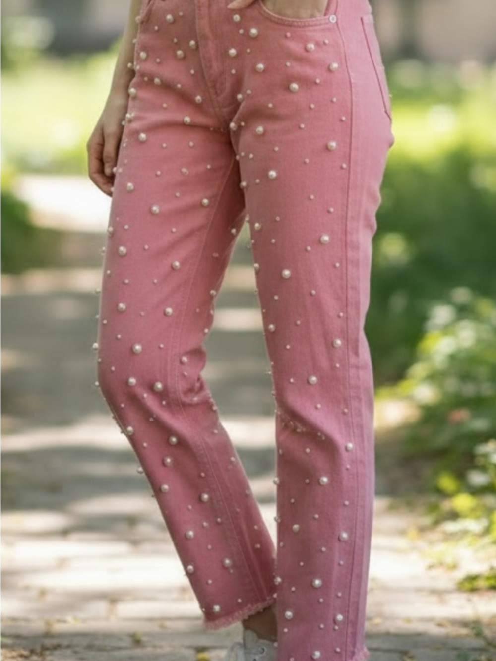POL Pink Pearl-Embellished Straight Jeans
